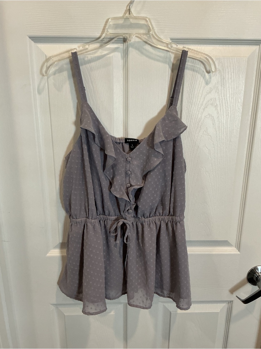 torrid lavender ruffle-front swiss dot tie-waist cami